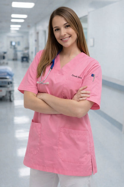 Personalized Scrubs Jersey with 4 Pockets and Name - Pink