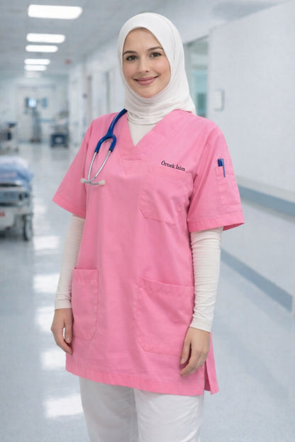Personalized Scrubs Jersey with 4 Pockets and Name - Pink