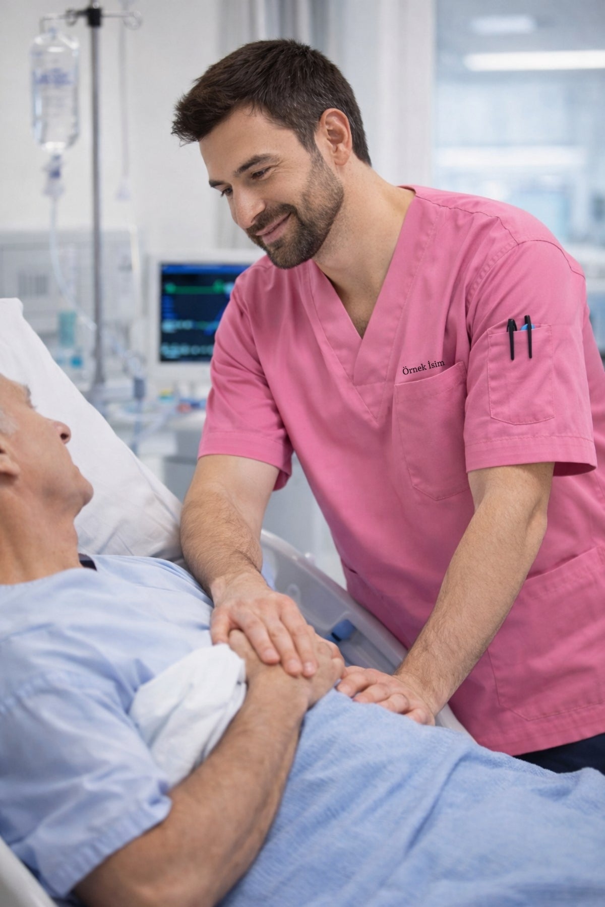 Kişiye Özel İsimli Erkek Tek Üst 4 Cepli Scrubs Forma - Pembe