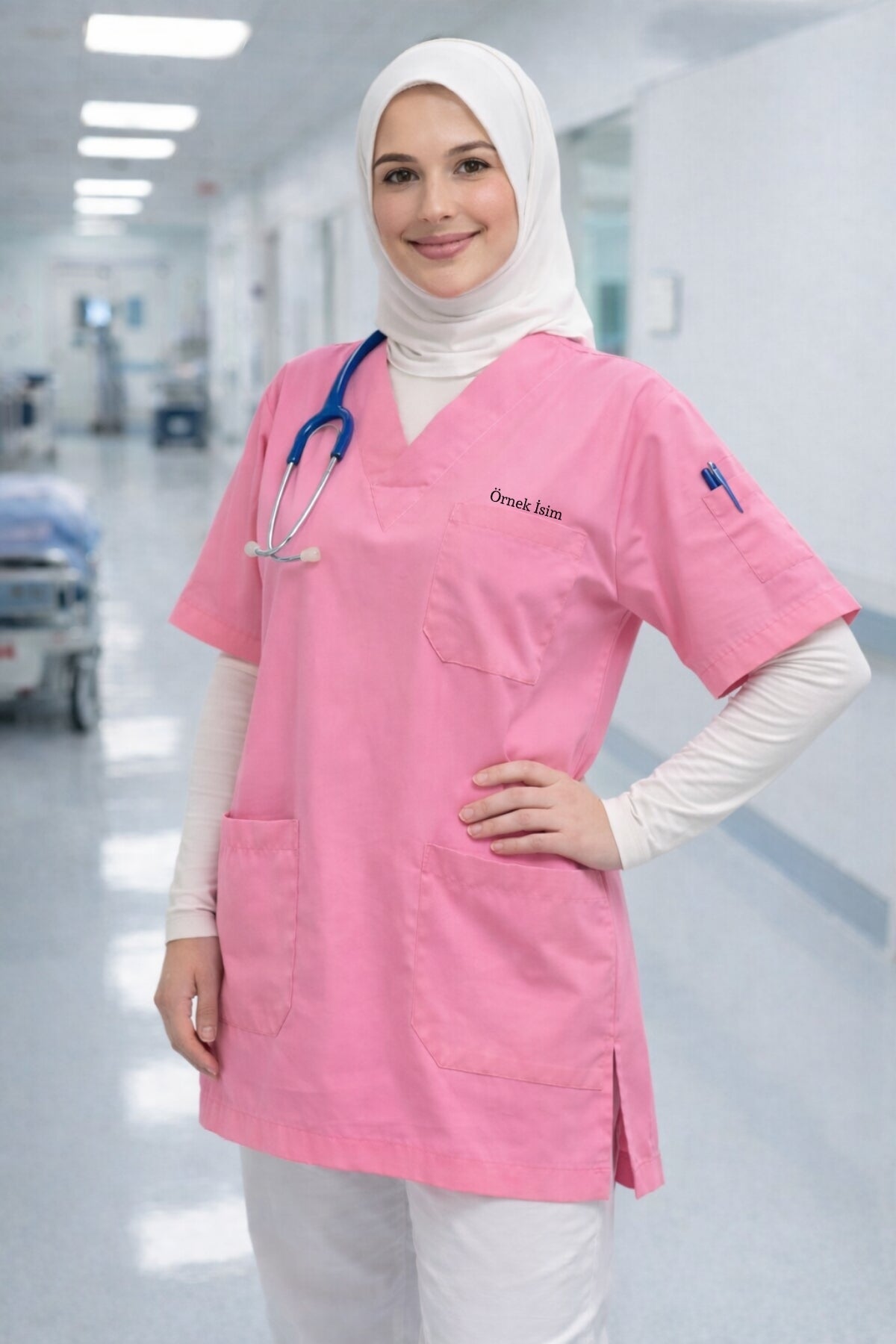 Personalized Scrubs Jersey with 4 Pockets and Name - Pink