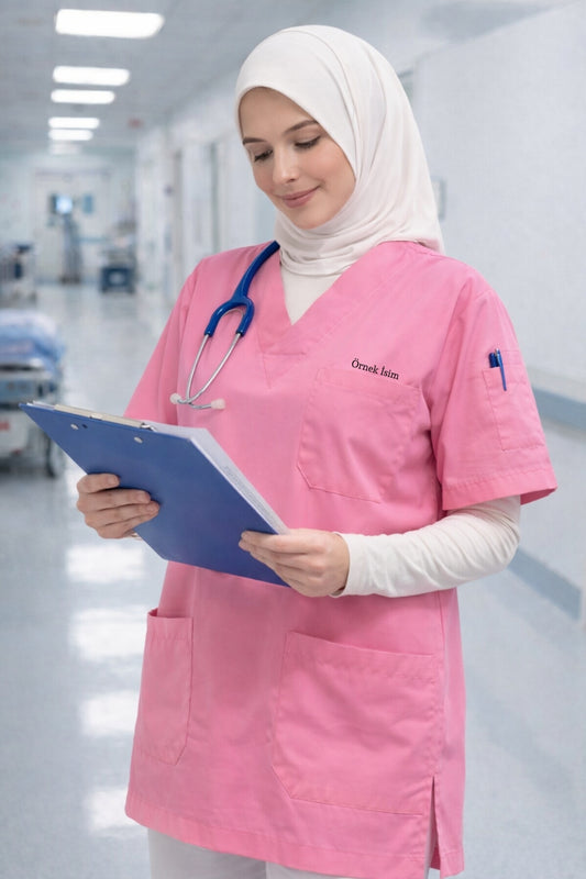 Kişiye Özel İsimli Tek Üst 4 Cepli Scrubs Forma - Pembe