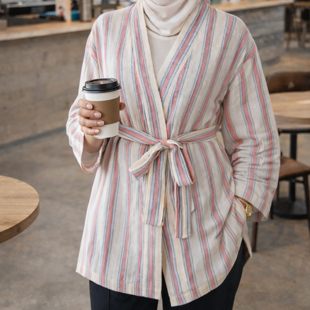 Yazlık tunikler arasında çizgili hafif tesettür tunik modeli