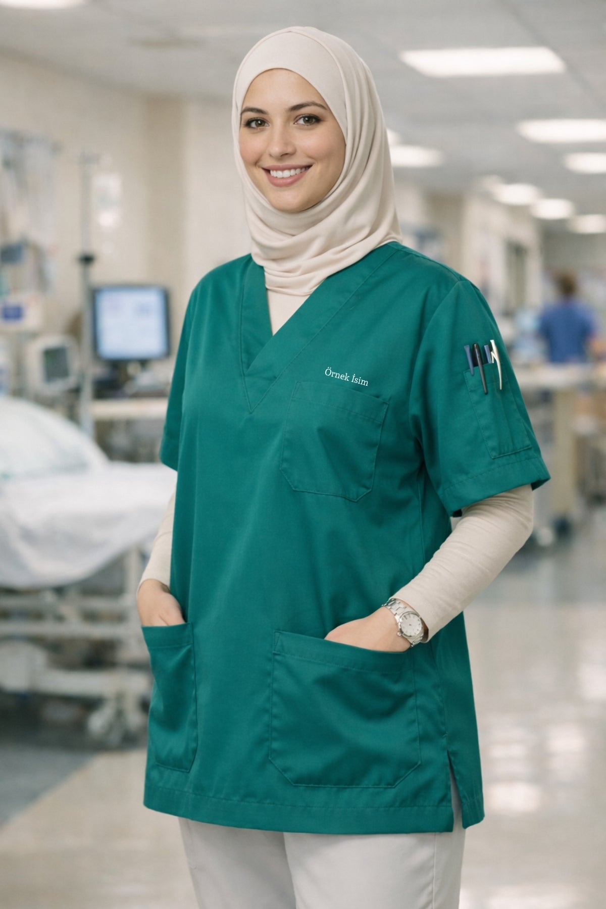 Personalized Scrubs Jersey with 4 Pockets and Custom Name - Petrol