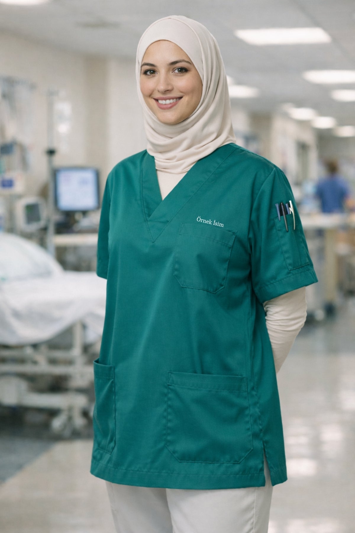 Personalized Scrubs Jersey with 4 Pockets and Custom Name - Petrol