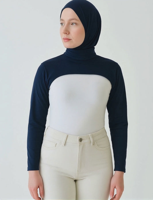 طوق قائم للرقبة وأكمام - أزرق داكن