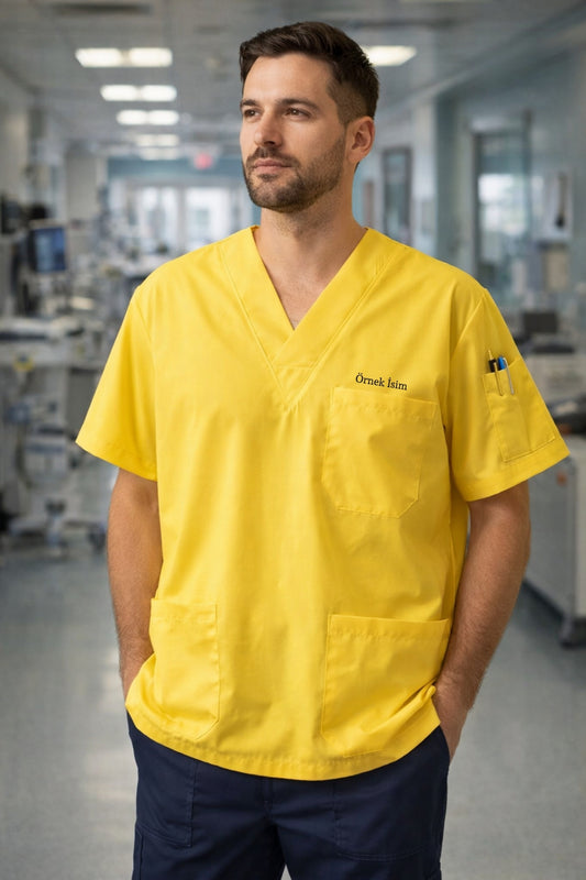 Kişiye Özel İsimli Erkek Tek Üst 4 Cepli Scrubs Forma - Sarı
