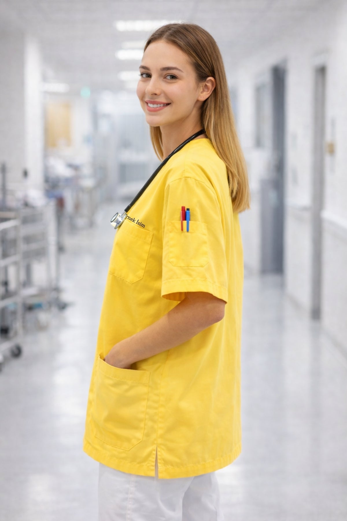 Kişiye Özel İsimli Tek Üst 4 Cepli Scrubs Forma - Sarı