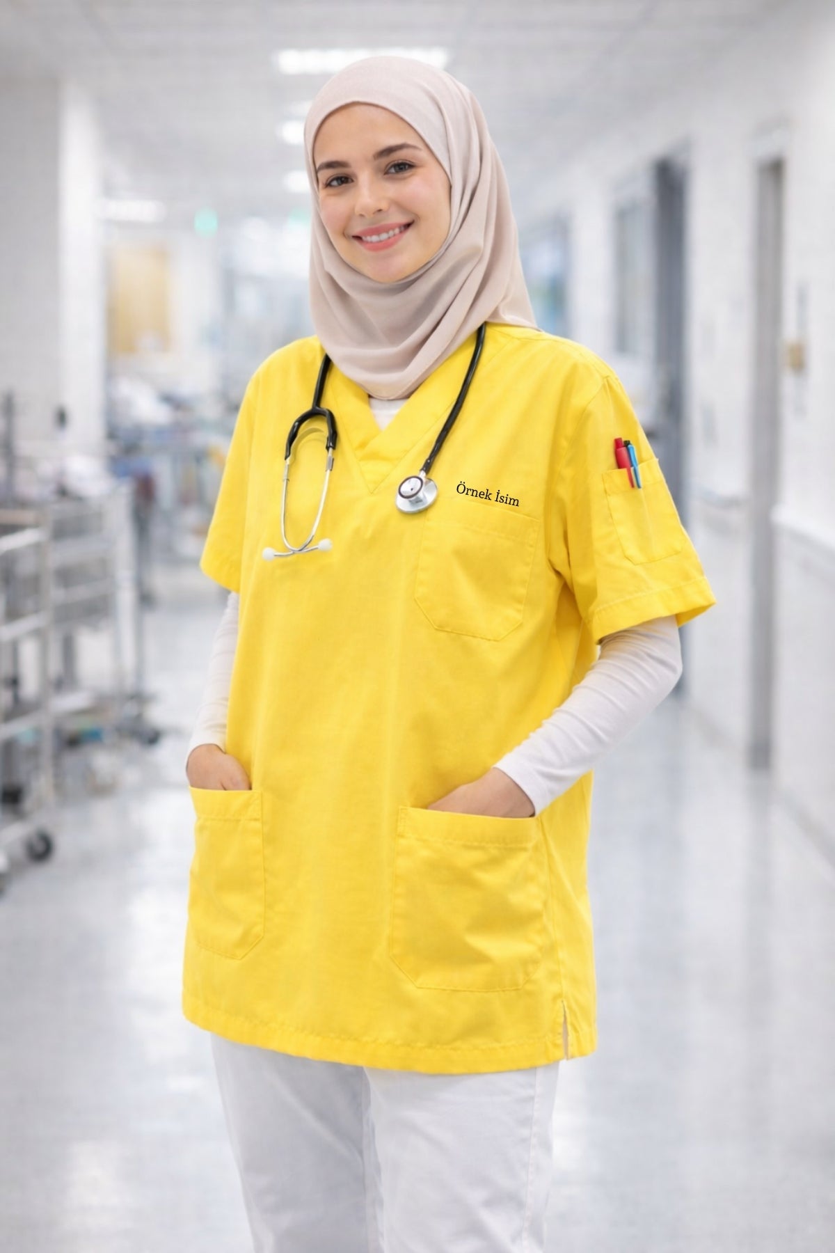 Kişiye Özel İsimli Tek Üst 4 Cepli Scrubs Forma - Sarı