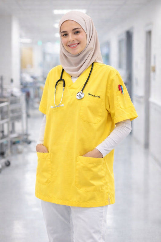 Kişiye Özel İsimli Tek Üst 4 Cepli Scrubs Forma - Sarı