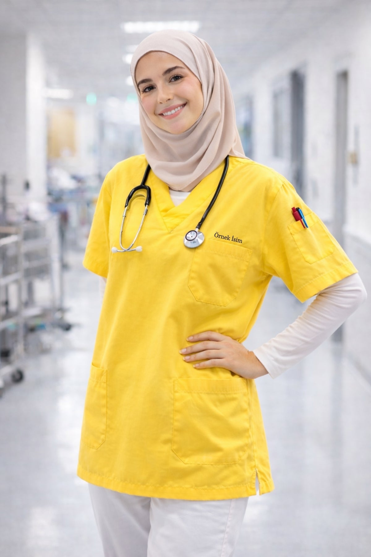 Kişiye Özel İsimli Tek Üst 4 Cepli Scrubs Forma - Sarı