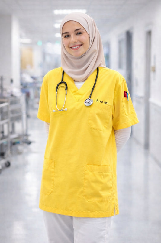 Kişiye Özel İsimli Tek Üst 4 Cepli Scrubs Forma - Sarı