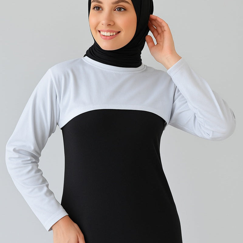 Siyah tesettür boyunluk ve kolluk kombinli kadın üst giyim