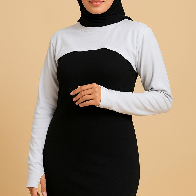 Tesettür boyunluk kolluk modeli siyah, uzun kolluk ve boyunluklu kombin detaylı görünüm