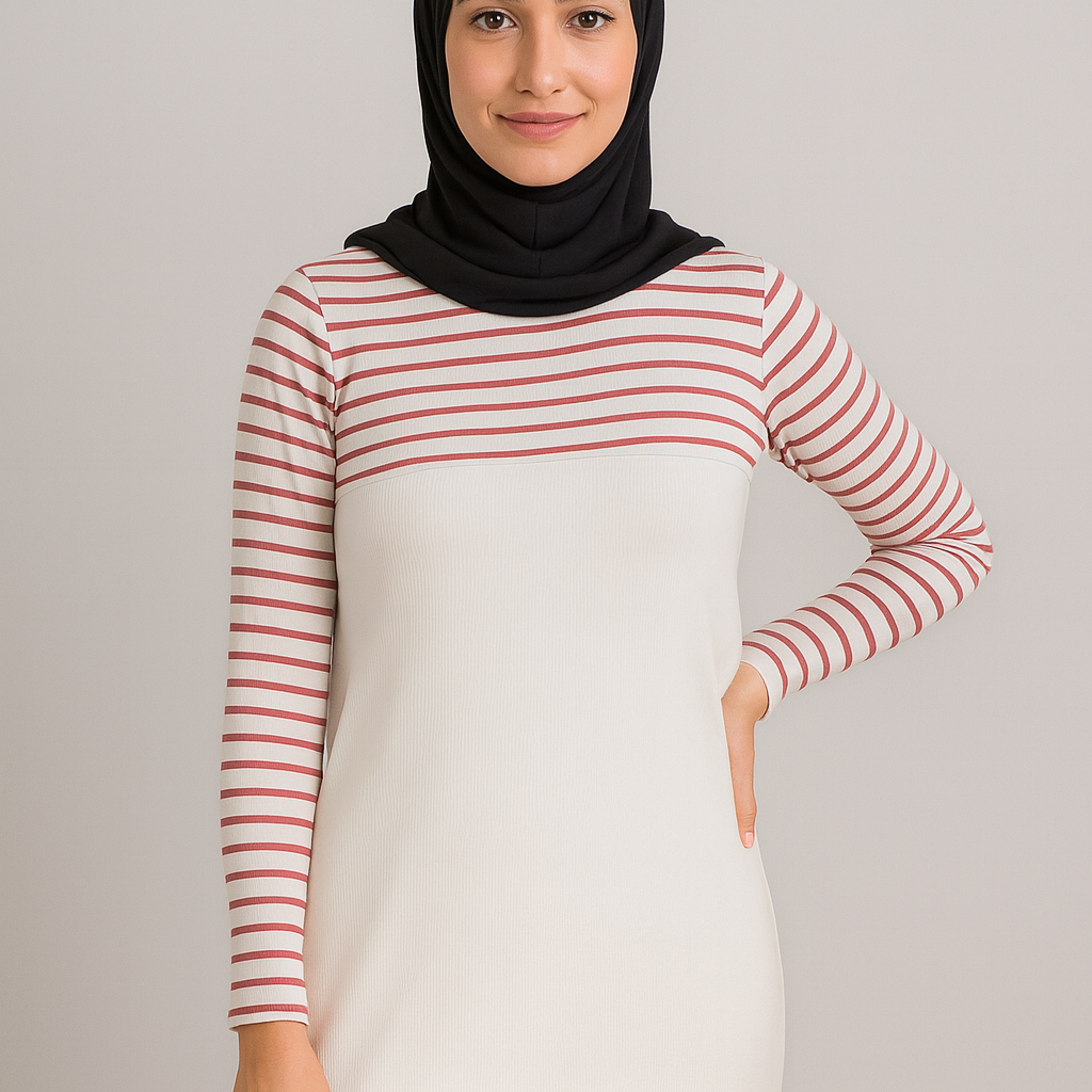 Siyah tesettür boyunluk ve uzun kolluk ile kombinlenmiş kadın elbise modeli