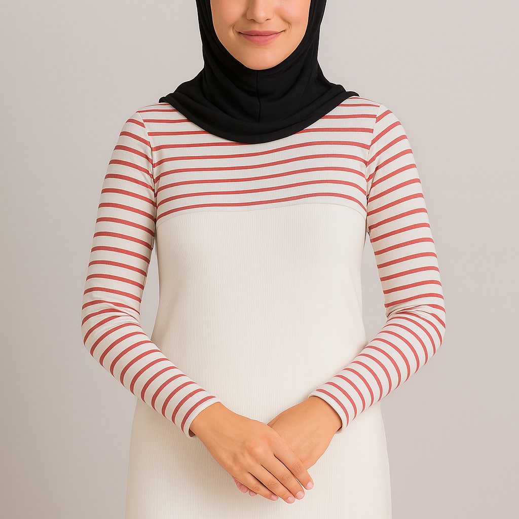 Kadın tesettür kolluk ve boyunluklu uzun kollu elbise görünümü