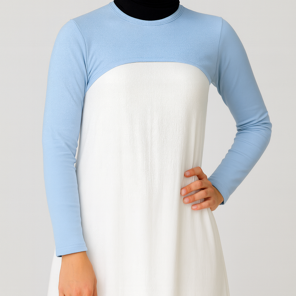 Siyah tesettür boyunluk ve uzun kolluk ile kombinlenmiş kadın giyim ürünü