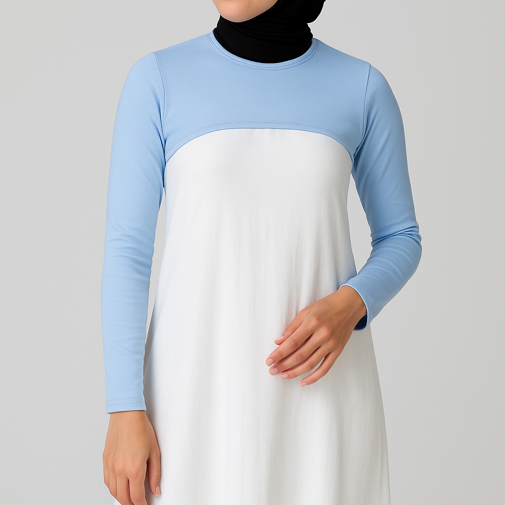 Kadın tesettür kolluk ve boyunluk kombinasyonu sade elbise üzerinde