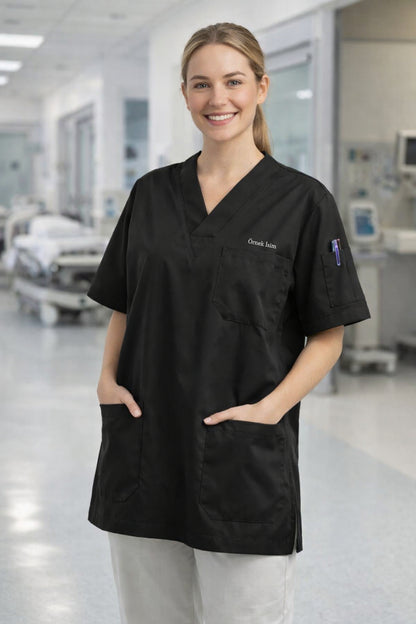 Personalized Scrubs Jersey with 4 Pockets and Custom Name - Black