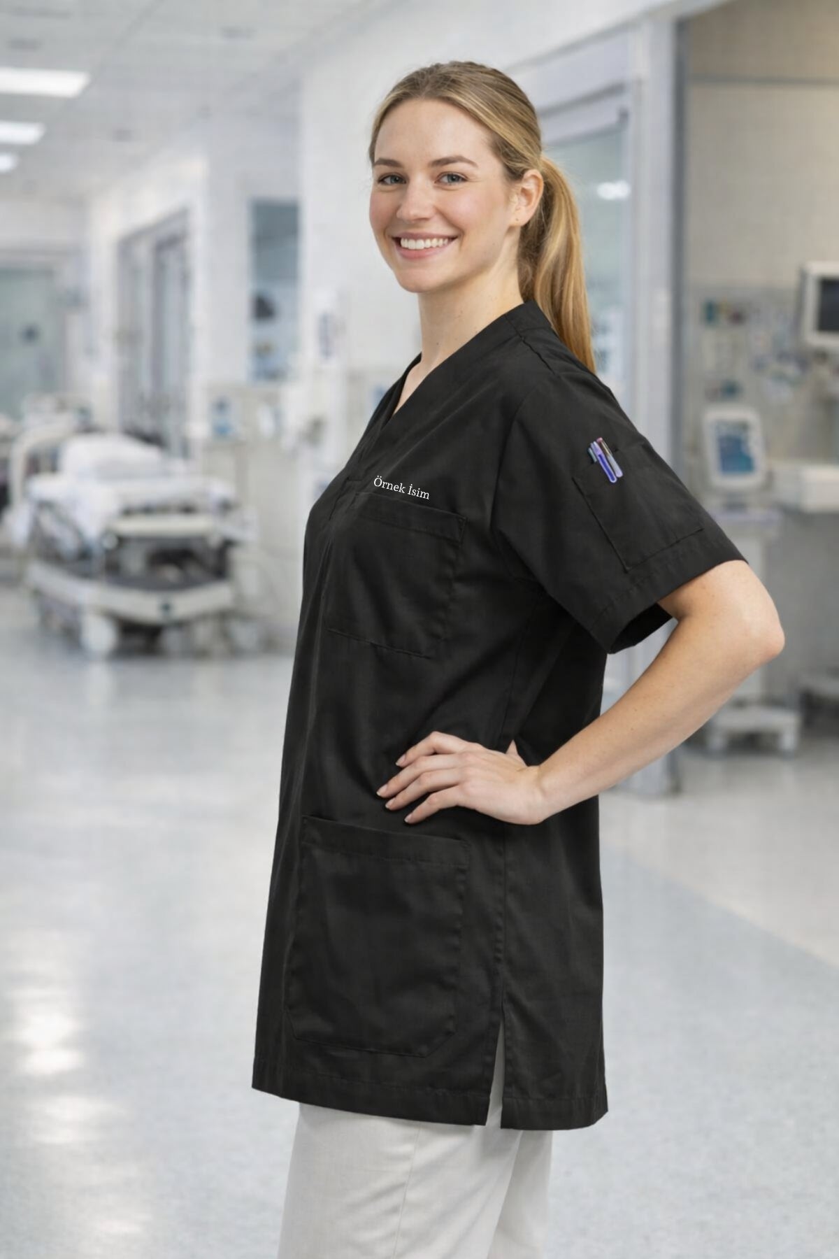 Personalized Scrubs Jersey with 4 Pockets and Custom Name - Black