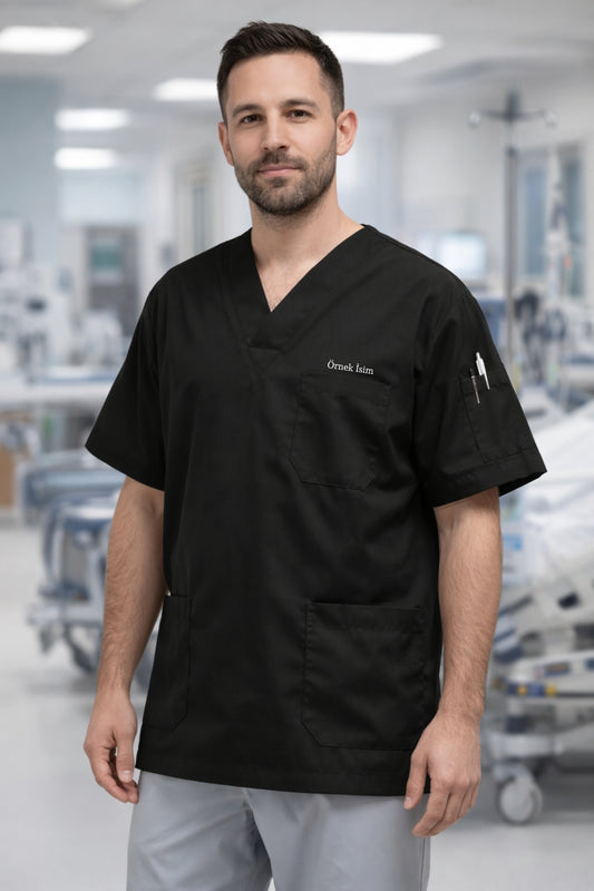 Kişiye Özel İsimli Erkek Tek Üst 4 Cepli Scrubs Forma - Siyah