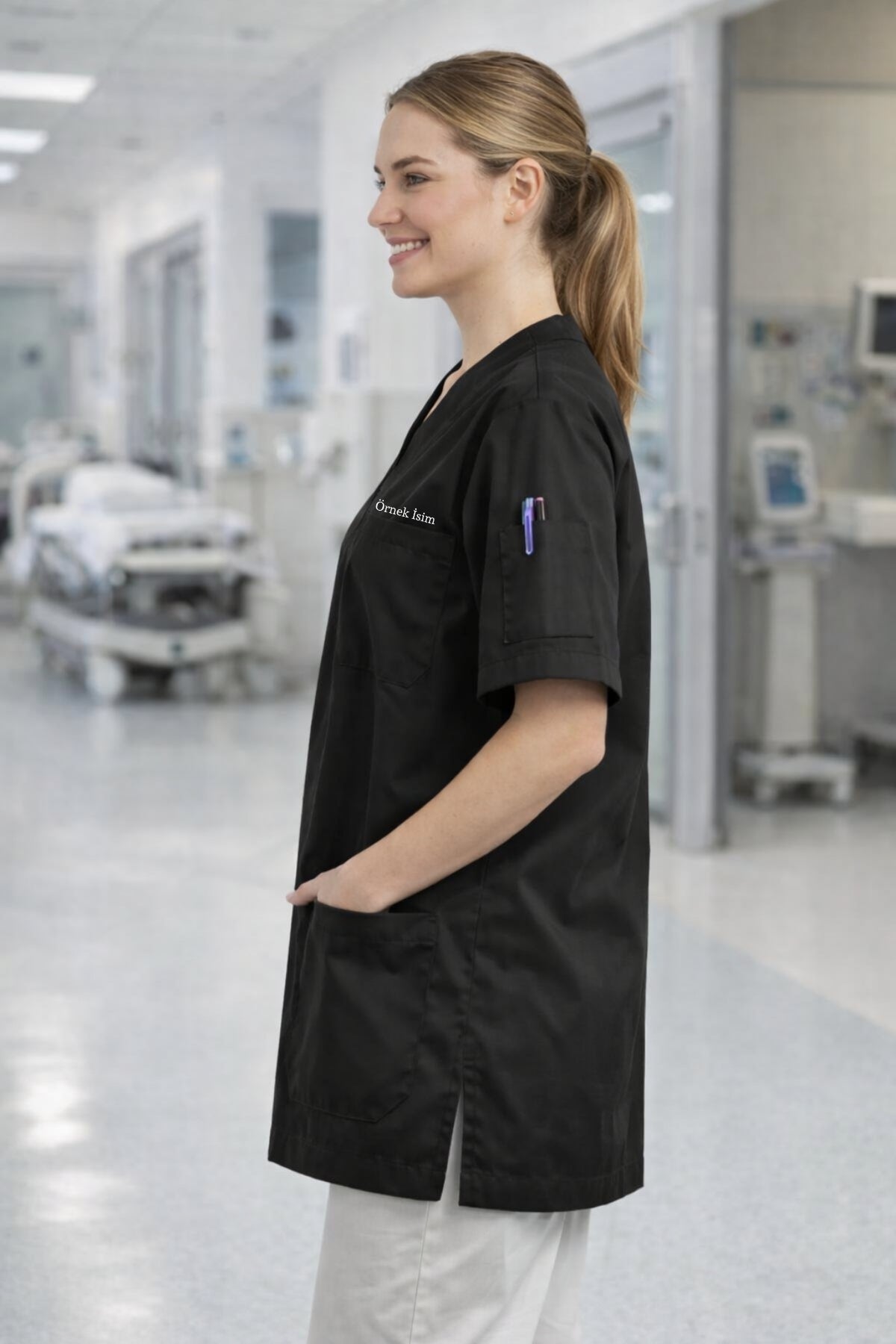 Personalized Scrubs Jersey with 4 Pockets and Custom Name - Black