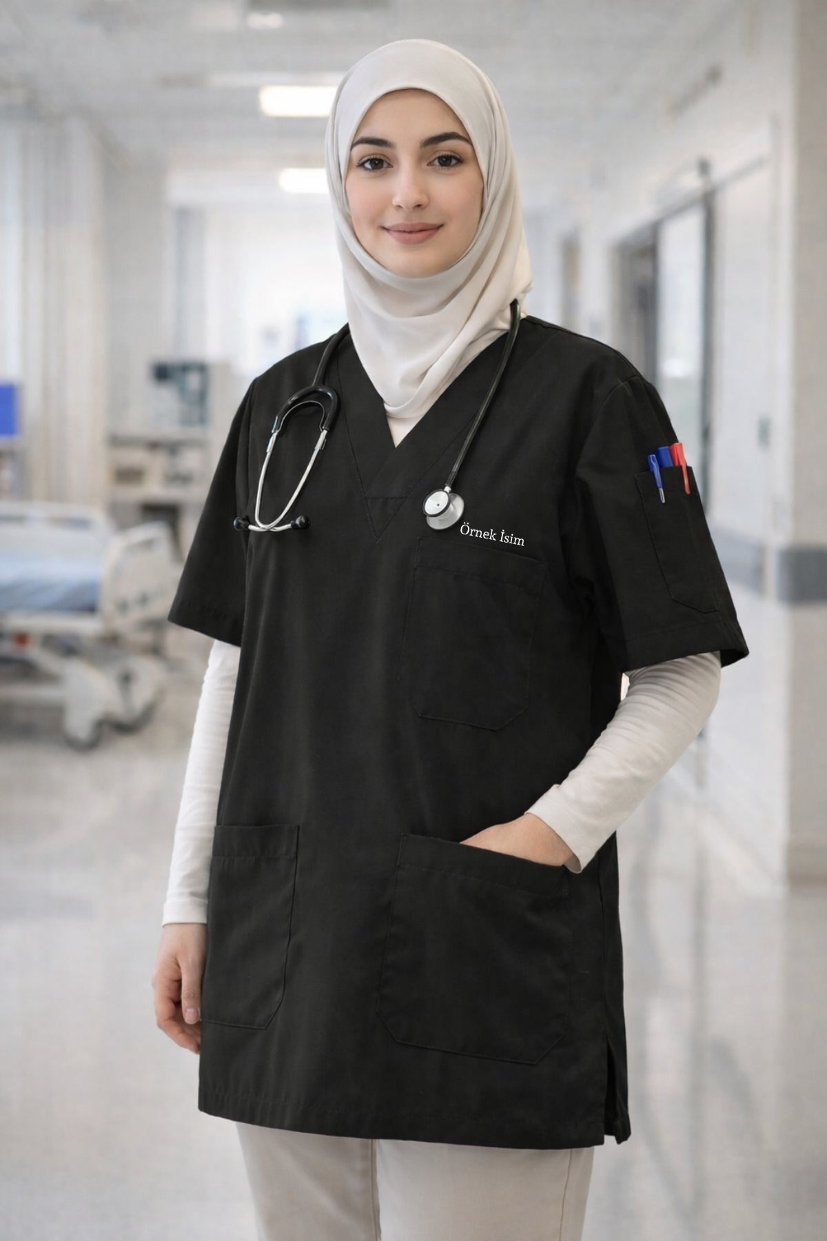 Personalized Scrubs Jersey with 4 Pockets and Custom Name - Black