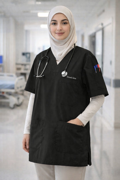 Personalized Scrubs Jersey with 4 Pockets and Custom Name - Black