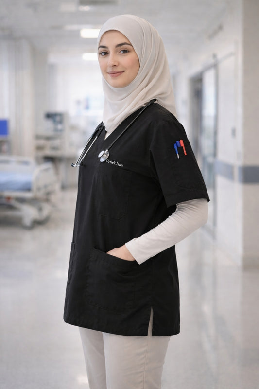 Kişiye Özel İsimli Tek Üst 4 Cepli Scrubs Forma - Siyah