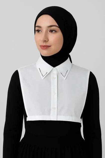 Kadınlar için hazır gömlek yakası, siyah elbise üzerine kullanılan yarım gömlek yakası kombin örneği