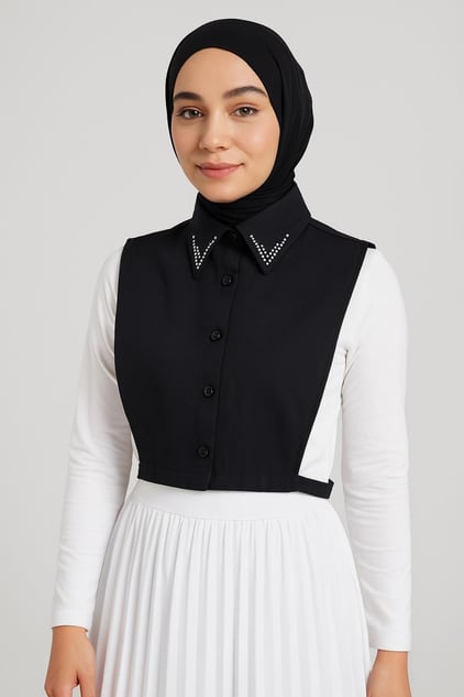 Taşlı Gömlek Yakası Siyah