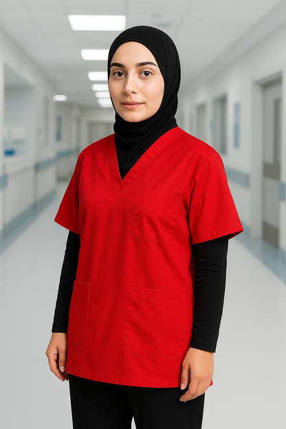 Tek Üst 4 Cepli Scrubs Forma - Kırmızı