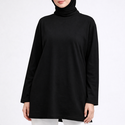 Kadın Siyah Dökümlü Uzun Tunik (Bandana Hediyeli)
