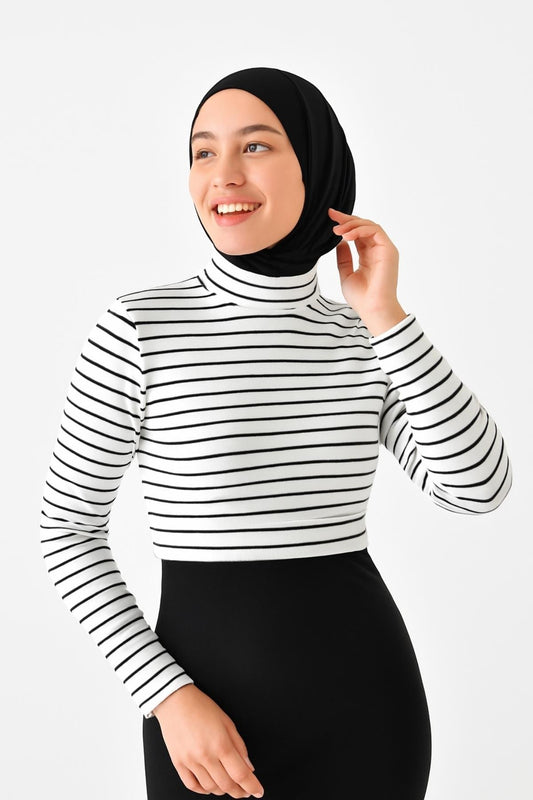 Uzun Kollu Crop Boyunluk - Çizgili (Beyaz)