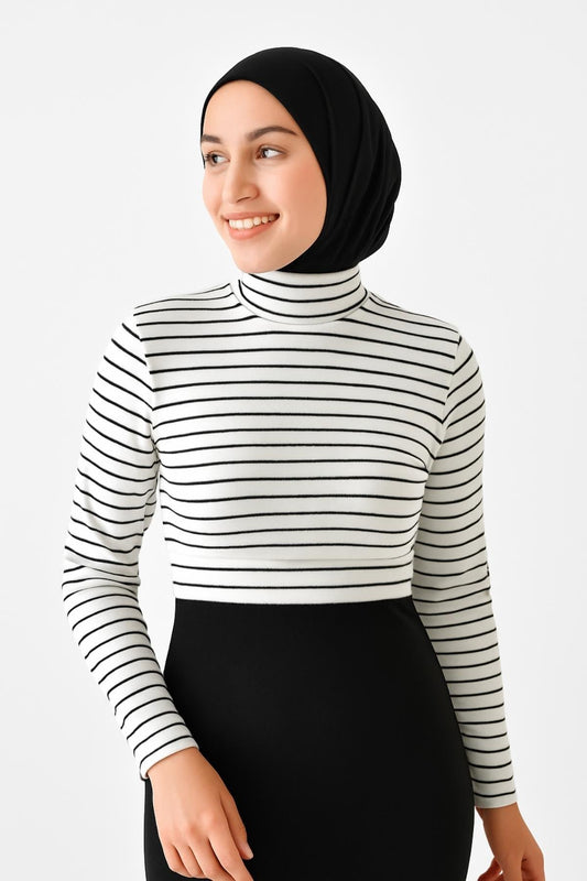 Uzun Kollu Crop Boyunluk - Çizgili (Beyaz)