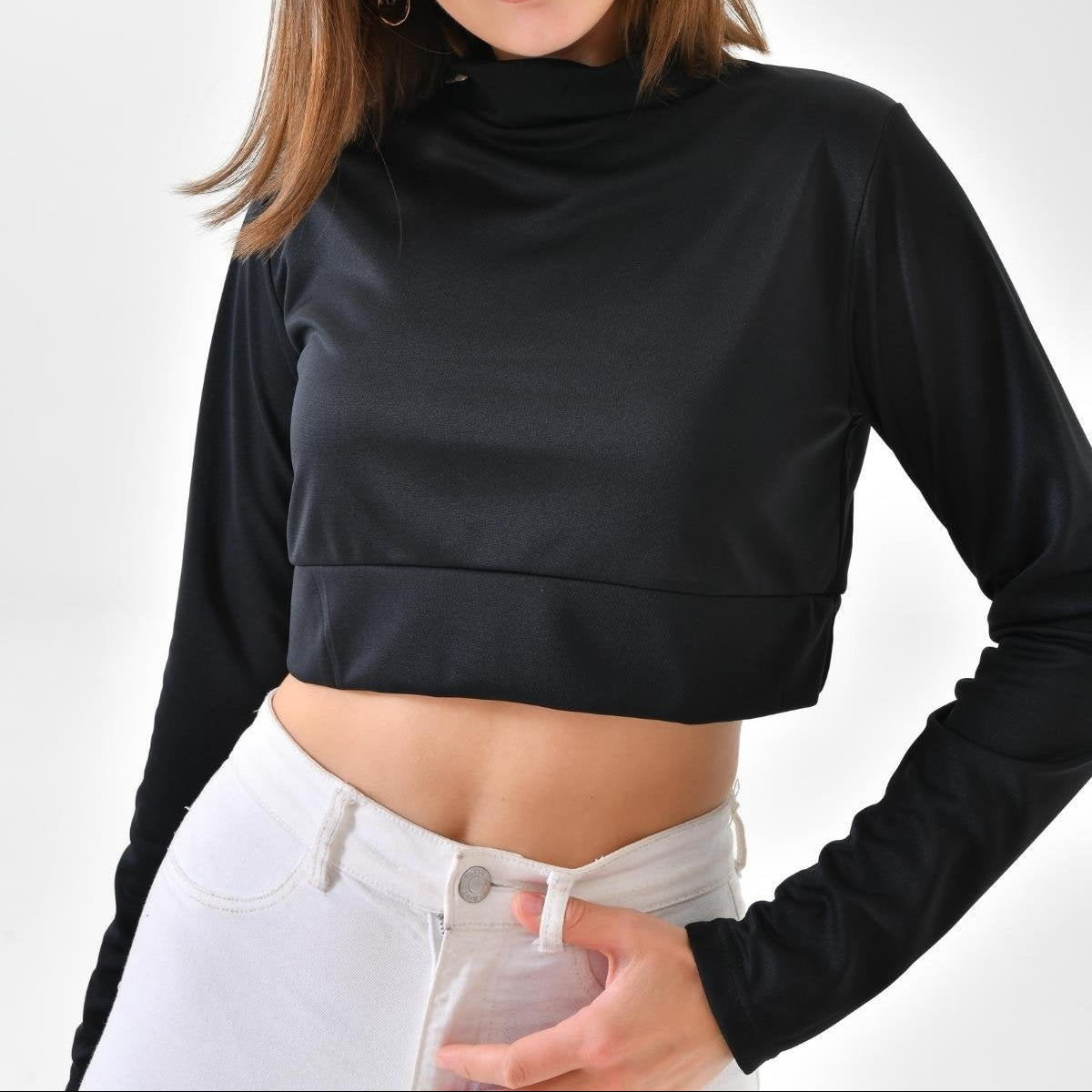 Etek üstü bluz tesettür siyah uzun kollu modern stil