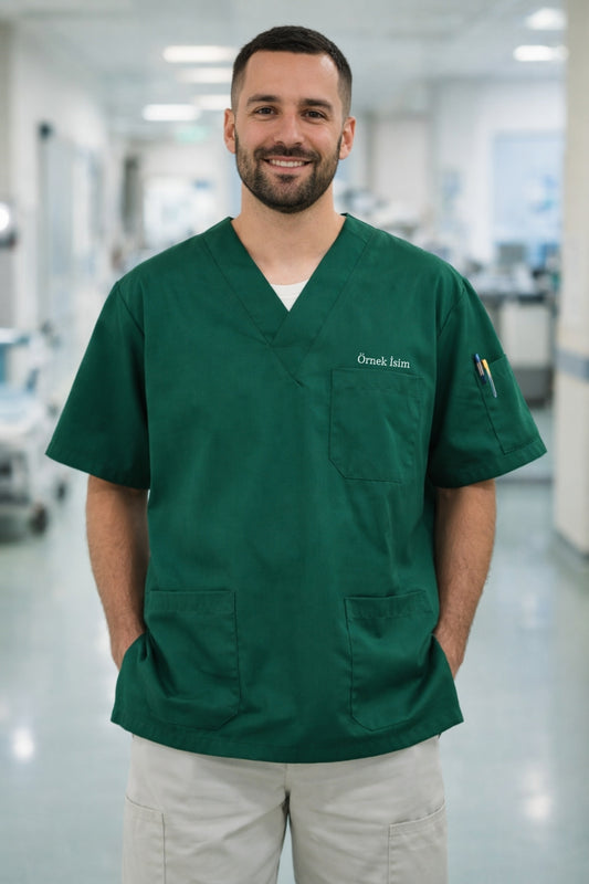 Kişiye Özel İsimli Erkek Tek Üst 4 Cepli Scrubs Forma - Yeşil