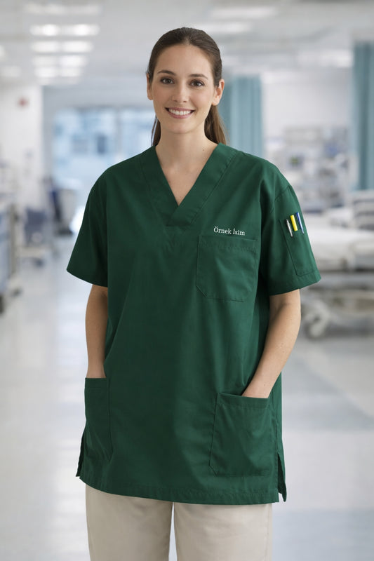 Kişiye Özel İsimli Tek Üst 4 Cepli Scrubs Forma - Yeşil