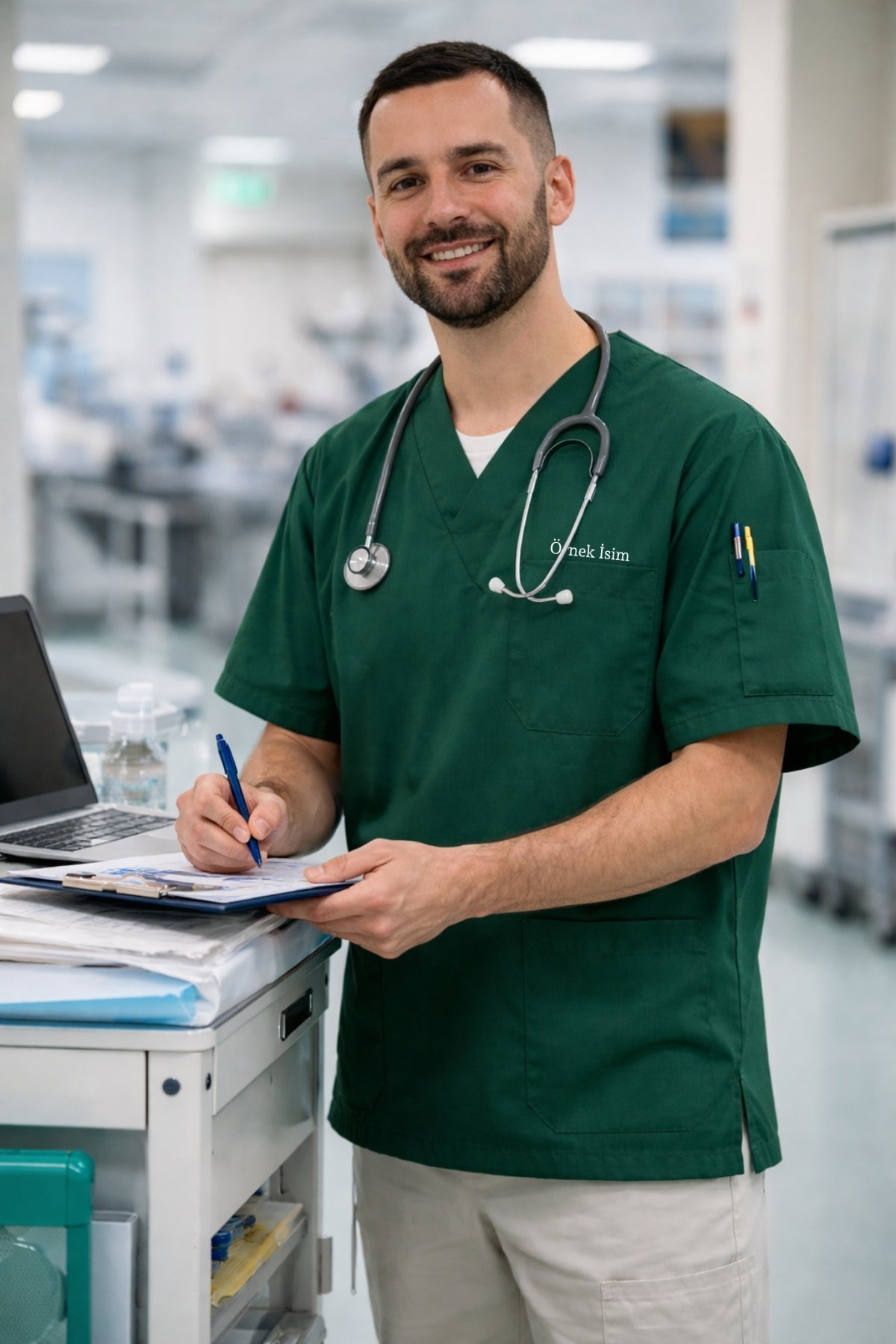 Kişiye Özel İsimli Erkek Petrol Yeşili Scrubs Üst | 4 Cepli Medikal Forma