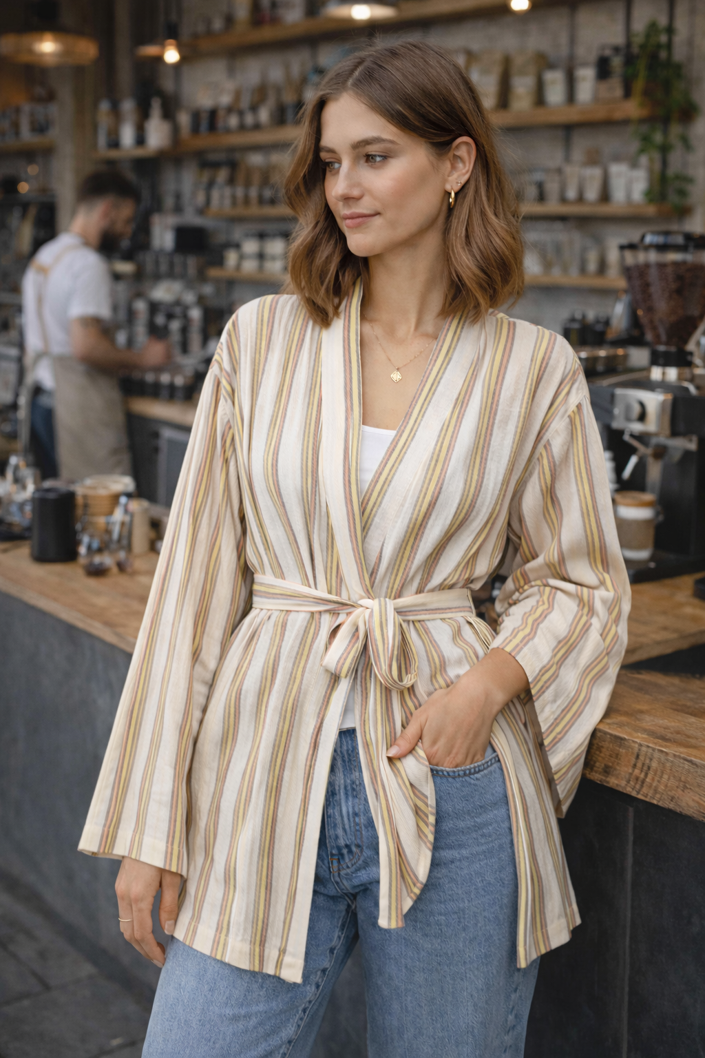 كيمونو منسوج يدويًا - أخضر وأحمر